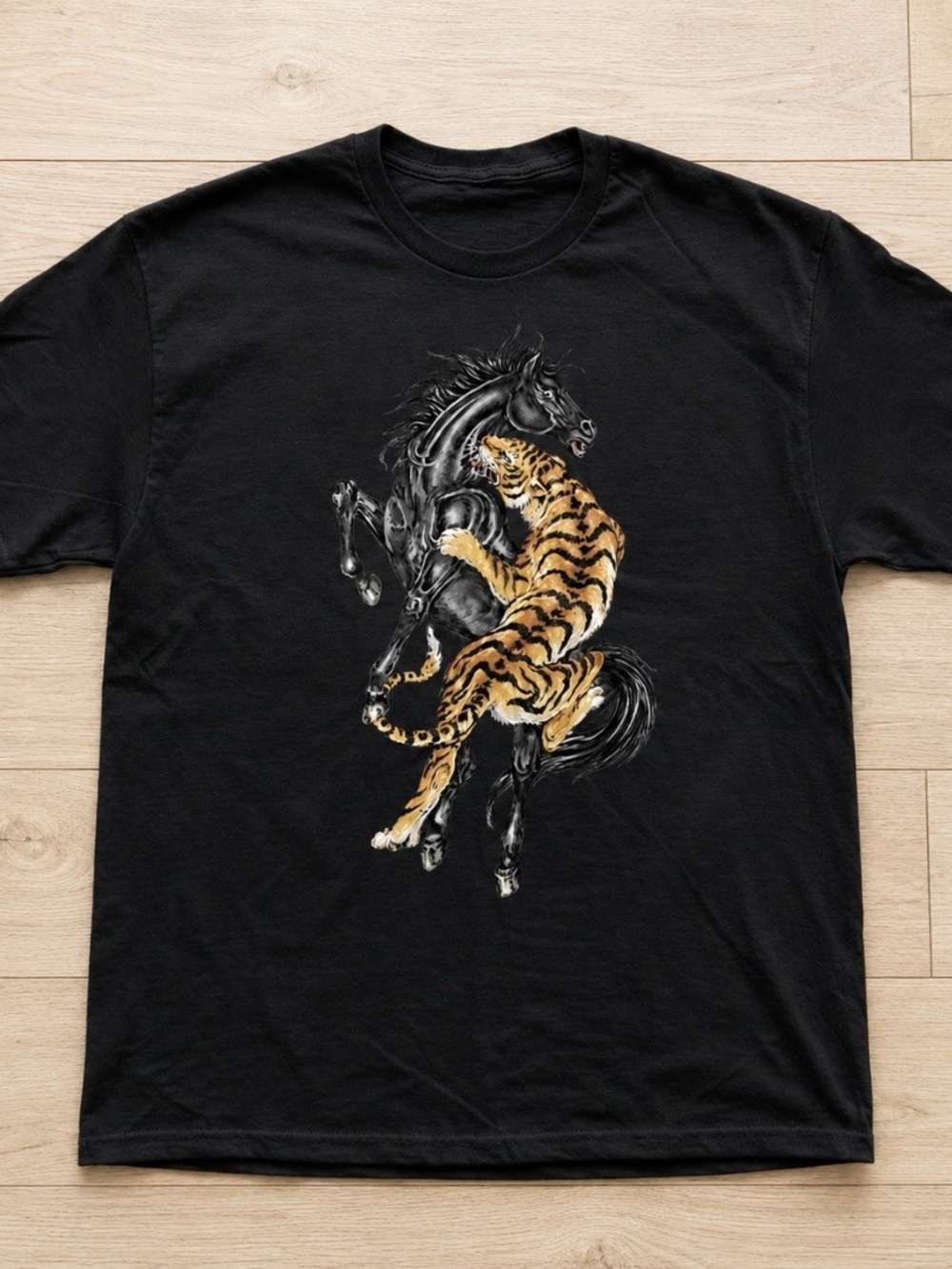 Gildan Black Tee with Black Horse and Golden Tiger Graphic